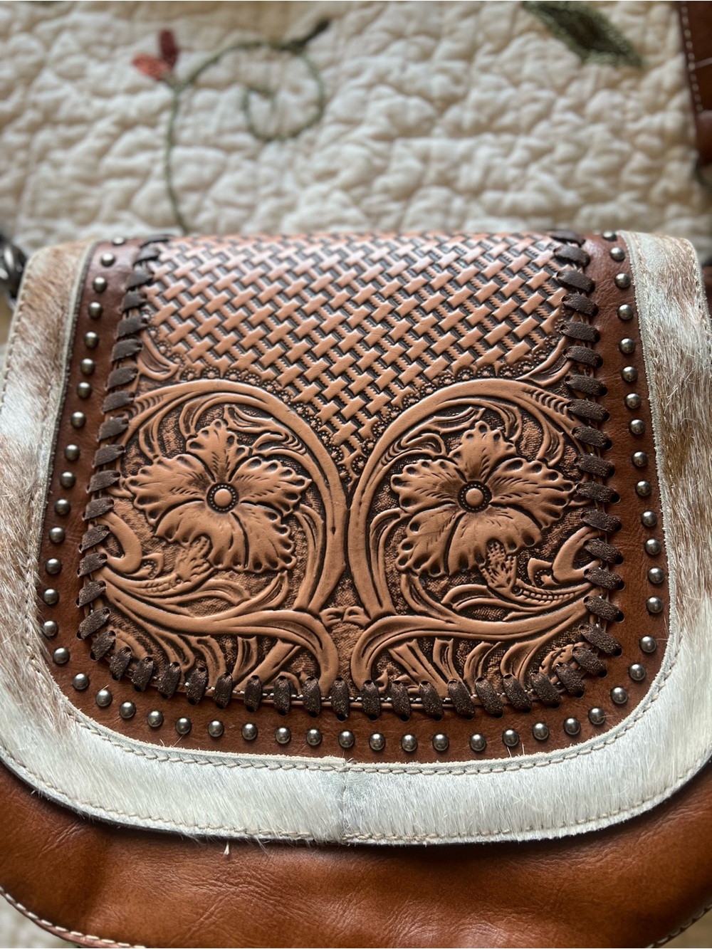 Trinity Ranch Brown Cowhide Lining Leather Studded Crossbody Bag Western - Picture 2 of 15